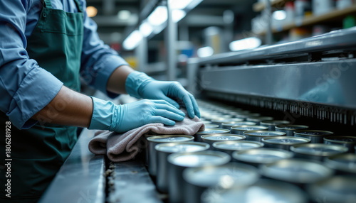 Factory worker blue glove green apron cleaning metal can production line industrial hygiene manufacturing assembly line focus workplace efficiency organized modern facility food processing safety