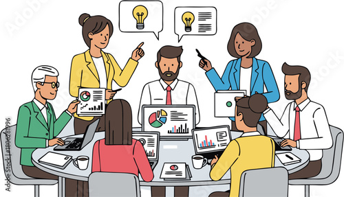 Diverse business team collaborating on new ideas and strategies during a productive meeting, fostering innovation and teamwork for project success