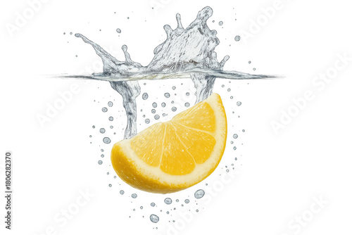 Lemon wedge dropping into fresh water creating a splashing ripple, isolated with transparent background