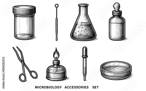Vintage microbiology equipment set with hand-drawn style laboratory tools