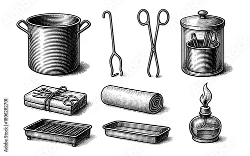 Vintage engraved surgical tools and equipment set for medical use