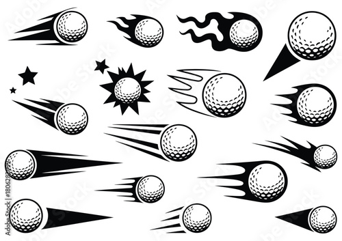 Vector golf balls with motion trails, flying golf balls illustration, sports equipment design, dynamic golf graphics, digital vector elements, athletic concept, golf game icon set, realistic motion 