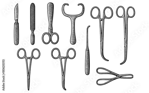 Detailed engraved surgical instruments collection for medical use