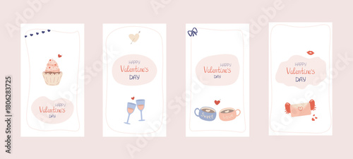 A set of vertical flat style templates for Valentine's Day. Designs for social media stories with love symbols: cupcake, glasses, cups, letter with wings