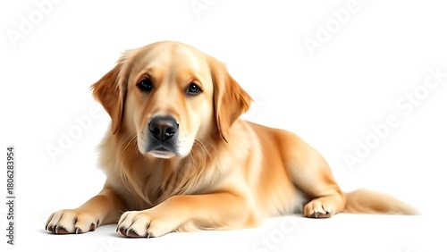 A golden retriever sits calmly on a clean white background, showcasing its friendly and gentle nature.