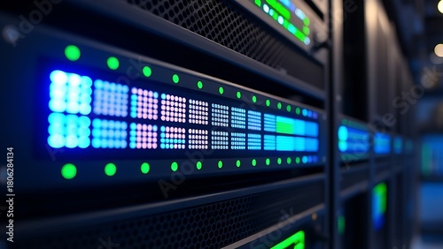 Rack-mounted LED indicator panel in data center environment.