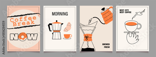 Сoffee break posters design. Illustrations with icons, stickers for menu, kitchen, cafe, pause, store. Hand with mug, kettle, croissant. Vector minimalist art.