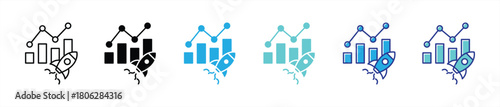 rocket boost analytics icon. dynamic growth chart with launch symbol representing business acceleration, data performance, startup expansion, profit increase, and market breakthrough. vector design