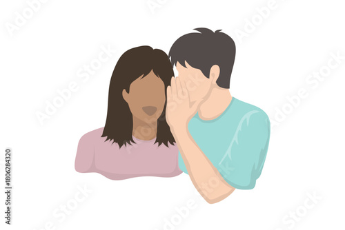 man leaning in to whisper into a woman ear,  sharing of secret, confidential information, private communication. gossip, friendship, trust, rumors, personal conversations, or workplace communication
