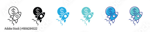 financial rocket launch icon. dynamic dollar coin with rising rocket symbol representing profit growth, investment acceleration, revenue boost, crypto surge, and startup funding. vector illustration