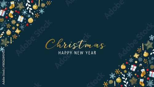 Festive christmas and happy new year background with ornaments and snowflakes on a dark teal backdrop