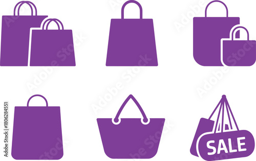 Shopping Bag Icons with Sale Tag. Various Handbags, Tote Bags, and Shopping Bags for Discount Promotion. Vector Illustration