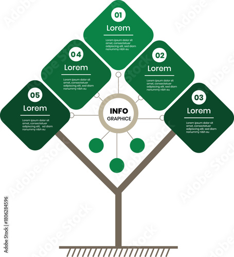 Infographic Tree Diagram with Five Diamond Nodes and Central Information Hub for Business Process, Strategy, and Planning

