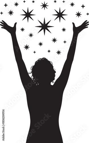 Silhouette of a woman with stars above illustration of reaching for the stars concept of dreams and aspirations
