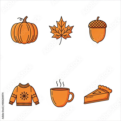 Autumn icons in orange cartoon style for fall decor -