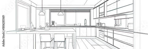 Modern minimalist kitchen interior line drawing with island counter stools overhead pendant lights open shelving and large window architectural perspective design layout plan vector illustration