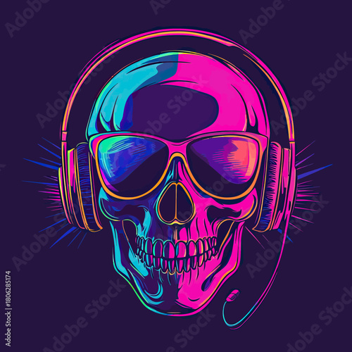Neon colored skull wearing sunglasses and over ear headphones with microphone glowing under ultraviolet light in vibrant digital art style