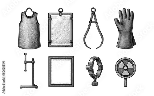 Vintage scientific and industrial tools in intricate engraving style