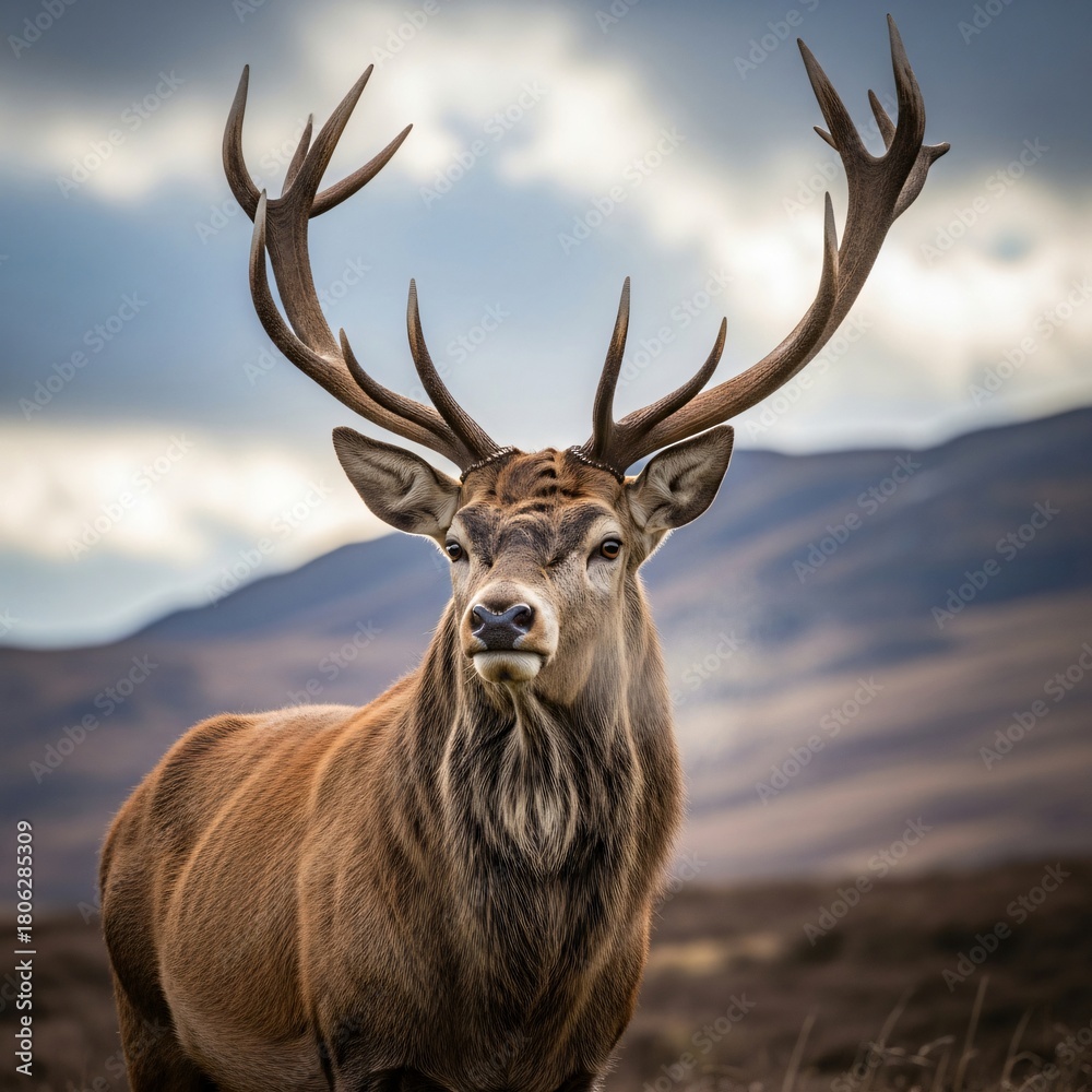 Fototapeta premium Majestic red deer stag with large antlers standing outdoors in wilderness, mountains and cloudy sky