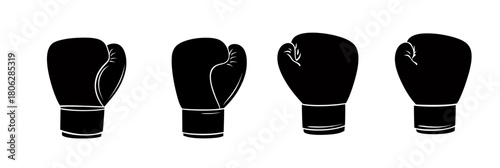 Set of four black boxing gloves silhouettes in various angles isolated on white background minimalist flat vector style sports equipment icons punch gear fight training