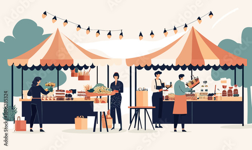 Outdoor market scene with vendors selling fresh produce and handmade goods under striped tents with hanging lights in flat minimalist style vector illustration