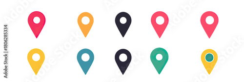 Set of ten colorful flat map pin icons with various cutout designs location markers GPS navigation symbols isolated on white background vector illustration