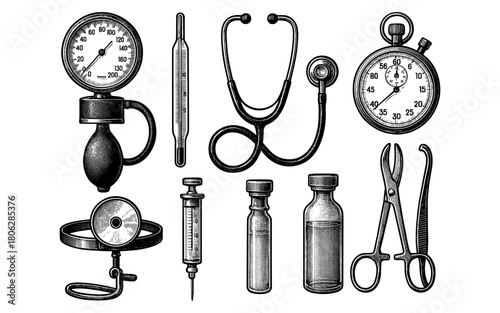 Vintage medical instruments collection: antique stethoscope, syringe, thermometer, and more