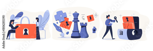 Business strategy teamwork concept with diverse people working on puzzle pieces, chess pieces, and unlocking padlock for success and planning illustration