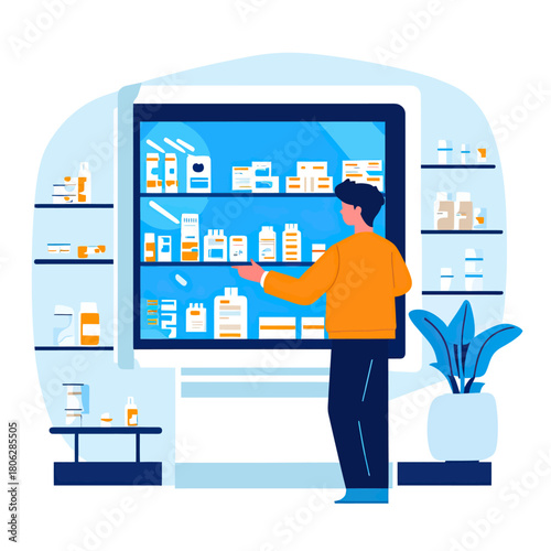 Man selecting medicine from large refrigerated pharmacy display cabinet with shelves of medical and health products in minimalist flat design vector illustration