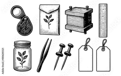 Vintage gardening tools and seed packaging set in retro style