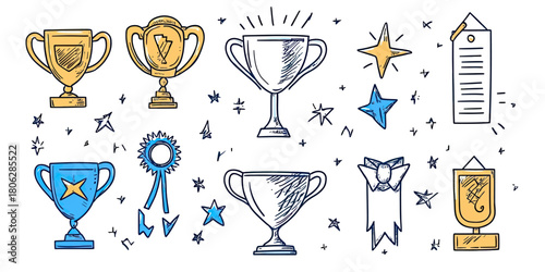 Hand drawn trophy cups awards and champion ribbons collection with stars and recognition plaques doodle sketch vector illustration set of winner accolades and victory symbols