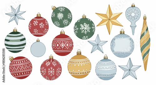 Set of Christmas balls and stars decorations watercolor vector illustration,set of christmas elements