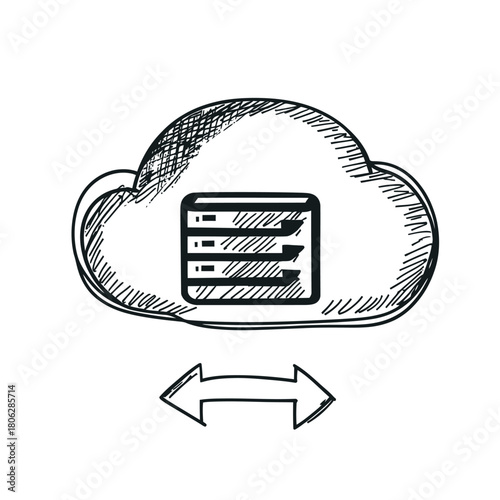 Hand drawn sketch style cloud computing with server database and bidirectional data transfer arrows for digital network storage concept vector illustration