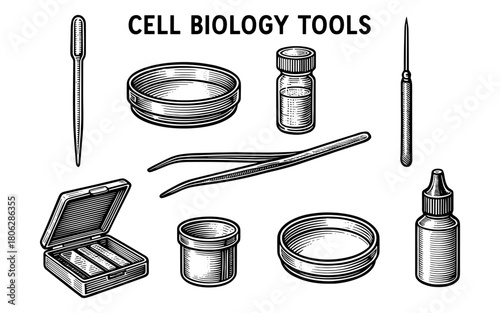 Hand drawn cell biology tools set for laboratory and research