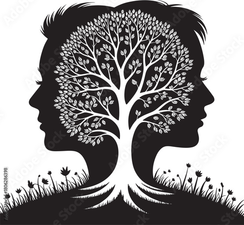 Silhouette of two faces with a tree inside illustration for psychology mental health and growth concepts isolated on whit