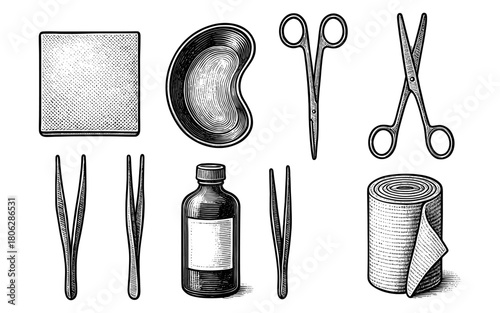 Vintage medical tool set: surgical instruments and supplies in engraved style