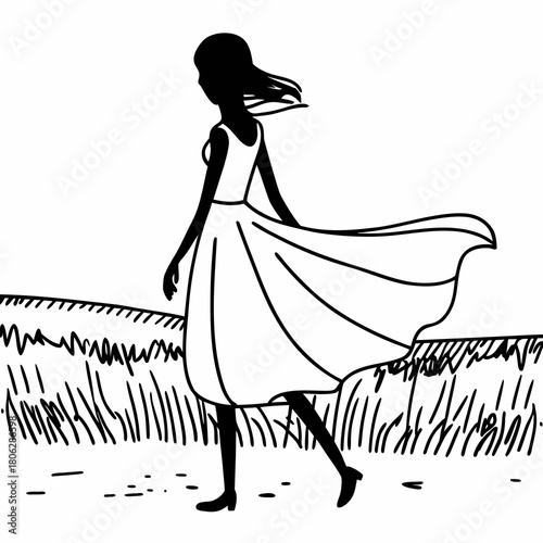 Woman in Flowing Dress on Grass Field – Minimal Silhouette Illustration