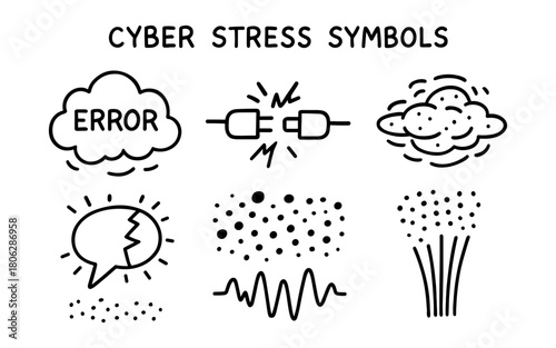 Cyber stress symbols series: error, connection, noise, and alert icons in hand-drawn style