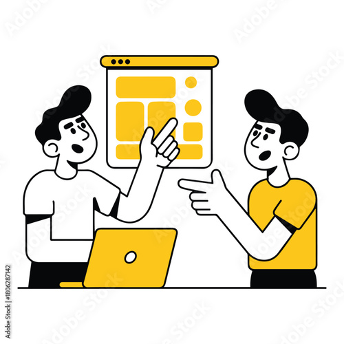 A vibrant black and yellow cartoon illustration depicting two developers collaborating on a website design using a laptop, symbolizing teamwork in digital creation and technology