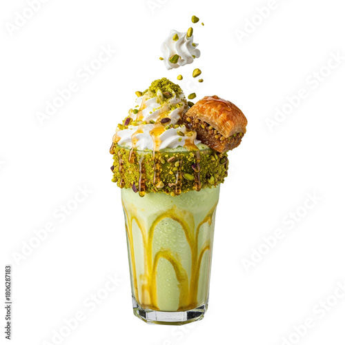 Exquisite pistachio milkshake with baklava, whipped cream and dripping caramel creating an inviting food photography composition