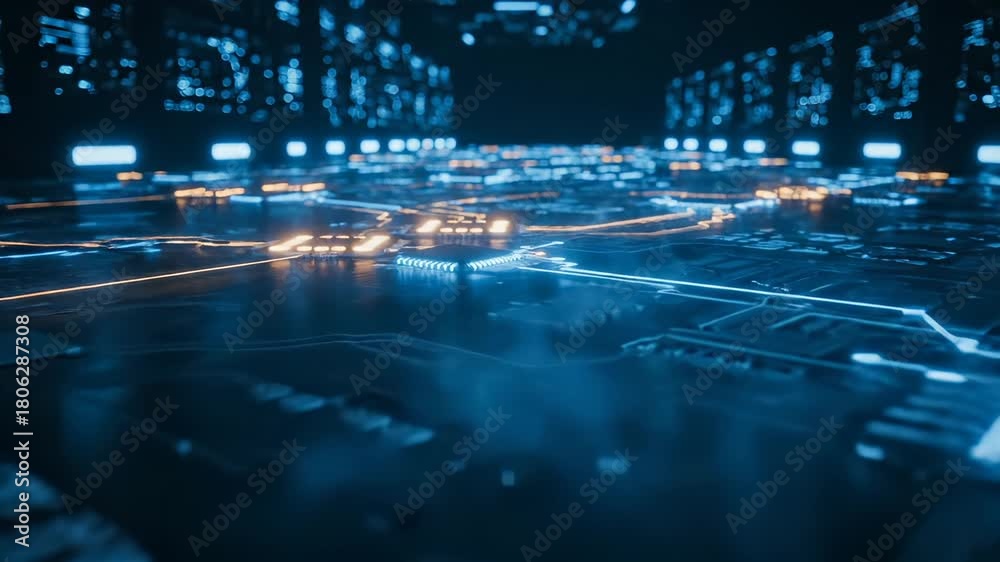 Microchip on pcb glows and pulses. Processor transfers data along trace ...