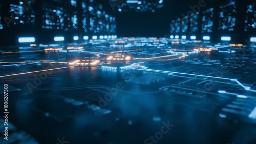 Microchip on pcb glows and pulses. Processor transfers data along trace. Network lights map active routing. Component nodes display energy flow and module-level activity. Layer timing maps silicon.