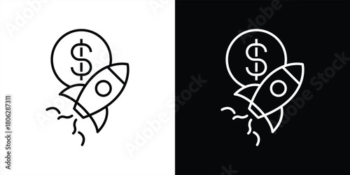 financial rockets launch thin line icon. dynamic dollar coin with rising rocket symbol representing profit growth, revenue boost, crypto surge, and startup funding. vector illustration  