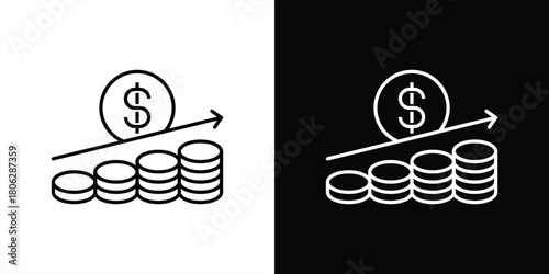 rising coin profit growth thin line icon. stacked money coin with upward trend arrow, financial earning increase symbol, revenue boost illustration, investment return. vector illustration