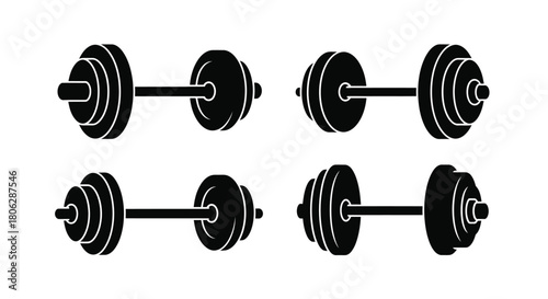 Black and white illustration depicting a set of dumbbells arranged in rows