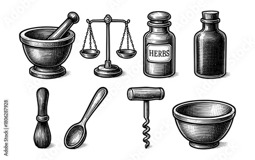 Vintage kitchen tools: engraved mortar, pestle, scales, and herbal jars