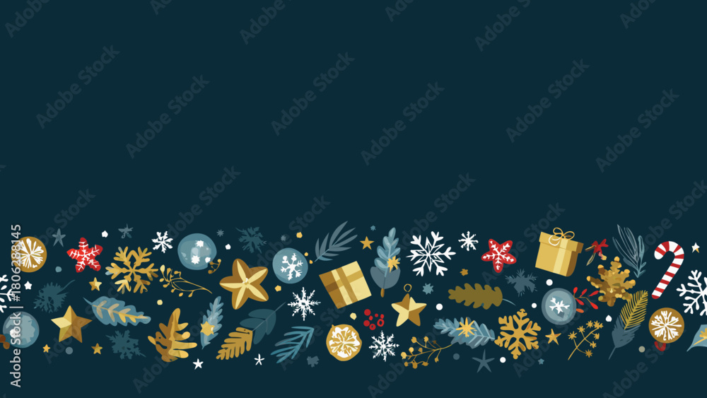 Obraz premium Festive holiday border with snowflakes ornaments and gifts against a dark teal colored background