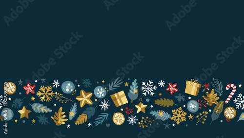 Festive holiday border with snowflakes ornaments and gifts against a dark teal colored background