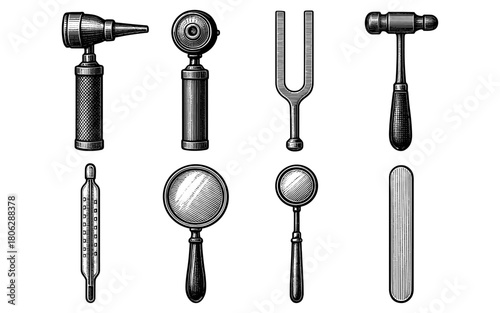 Vintage medical instruments engraving with thermometer and magnifier
