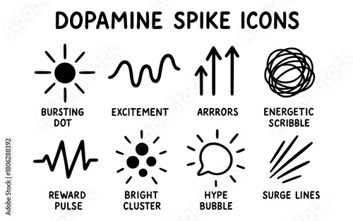 Simple black dopamine symbols depicting excitement, motivation, and energy